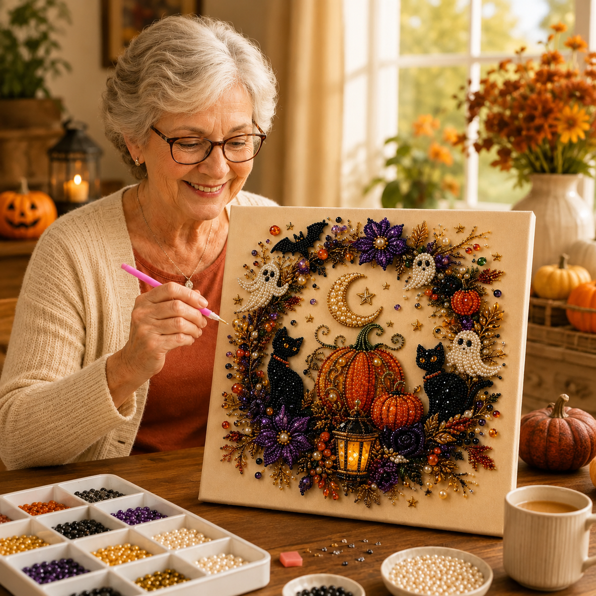 Halloween diamond art kit DIY craft project with pearl beads and decorative canvas