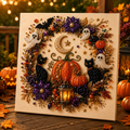 Finished Halloween diamond painting kit artwork featuring pearl beads, pumpkins, ghosts and autumn decorations