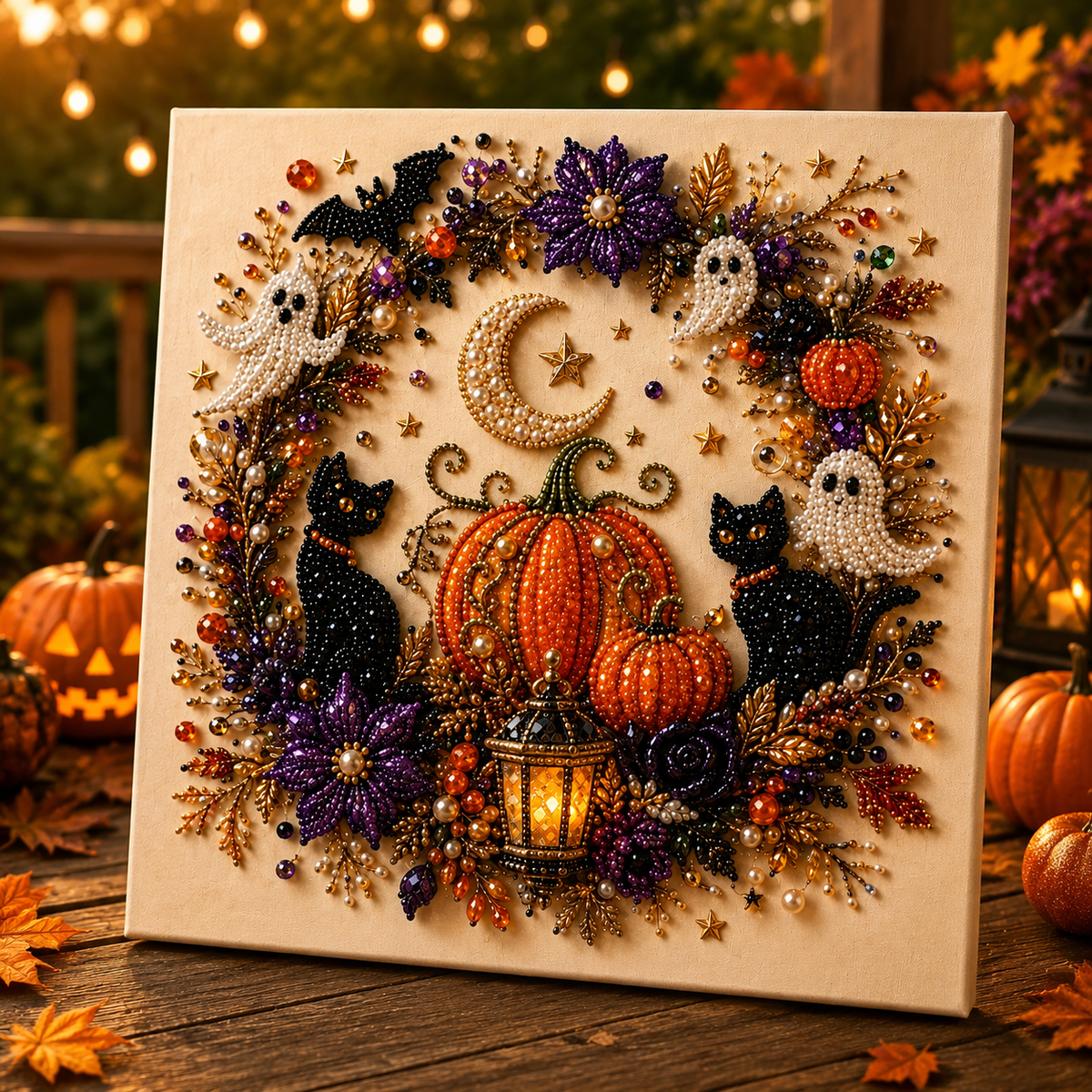 Finished Halloween diamond painting kit artwork featuring pearl beads, pumpkins, ghosts and autumn decorations