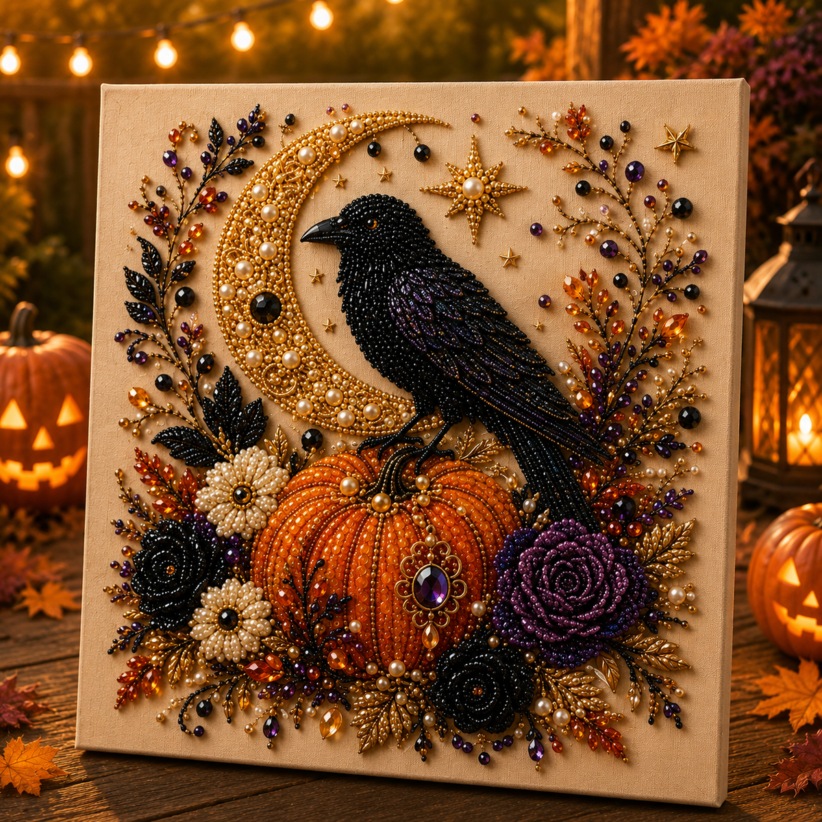 Finished Halloween pearl diamond painting wall art featuring a black crow, pumpkins, crescent moon, purple flowers and sparkling bead details