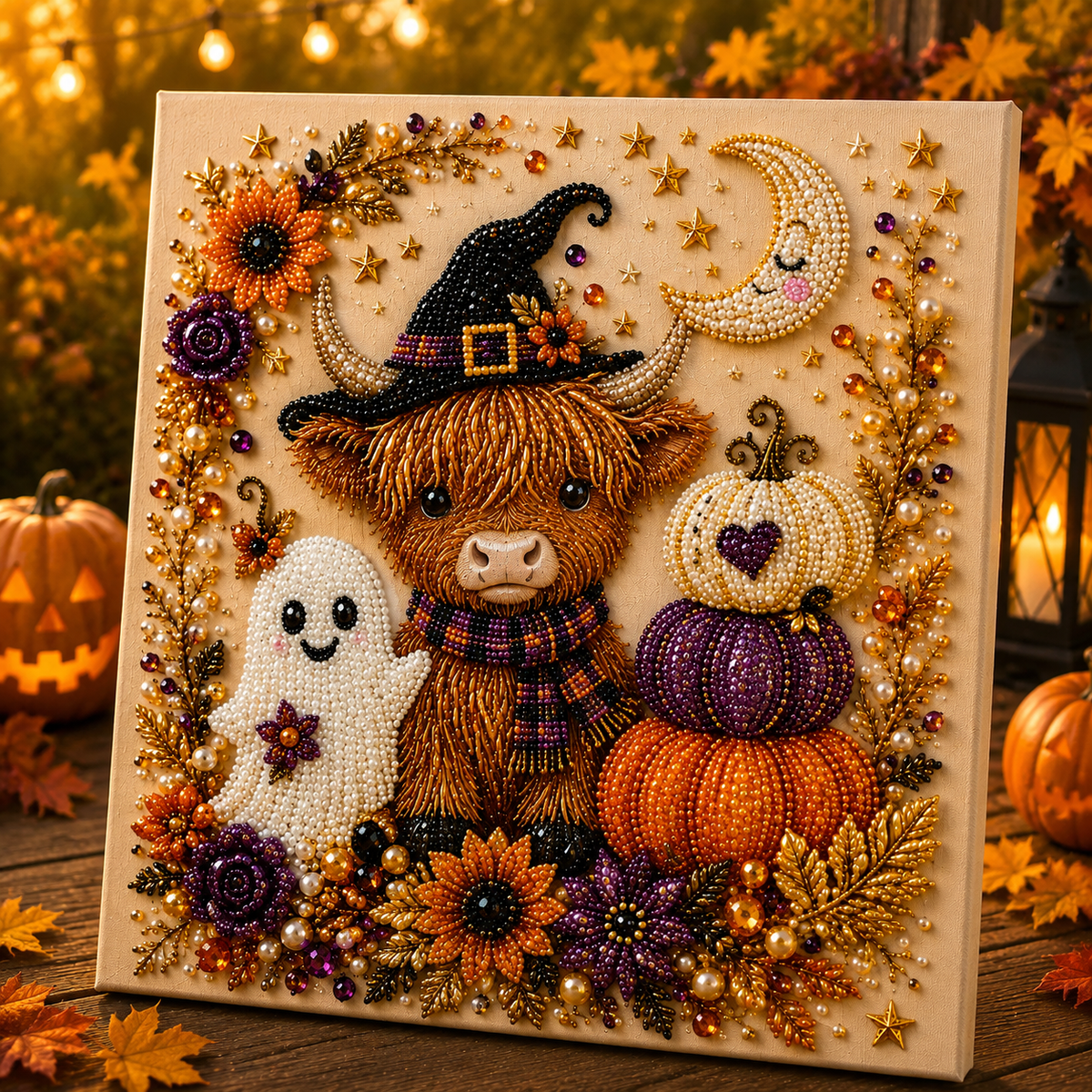 Finished Halloween pearl diamond painting wall art featuring a highland cow in a witch hat, ghost, pumpkins, crescent moon and autumn decorations