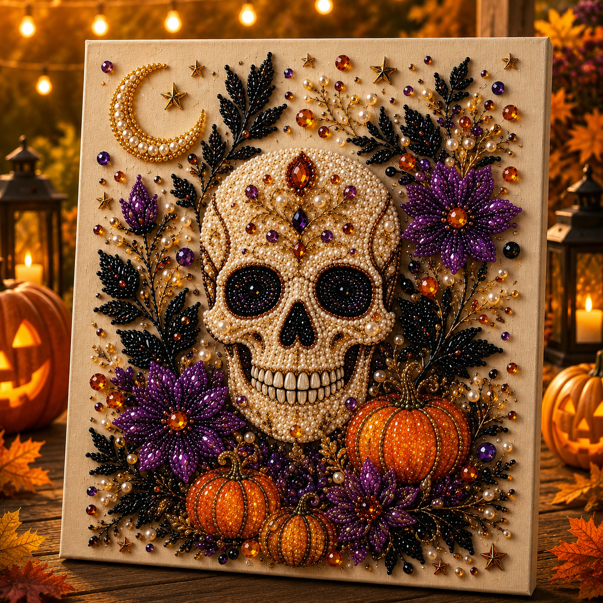Finished Halloween pearl diamond painting wall art featuring a skeleton, pumpkins, purple flowers, crescent moon and sparkling bead details