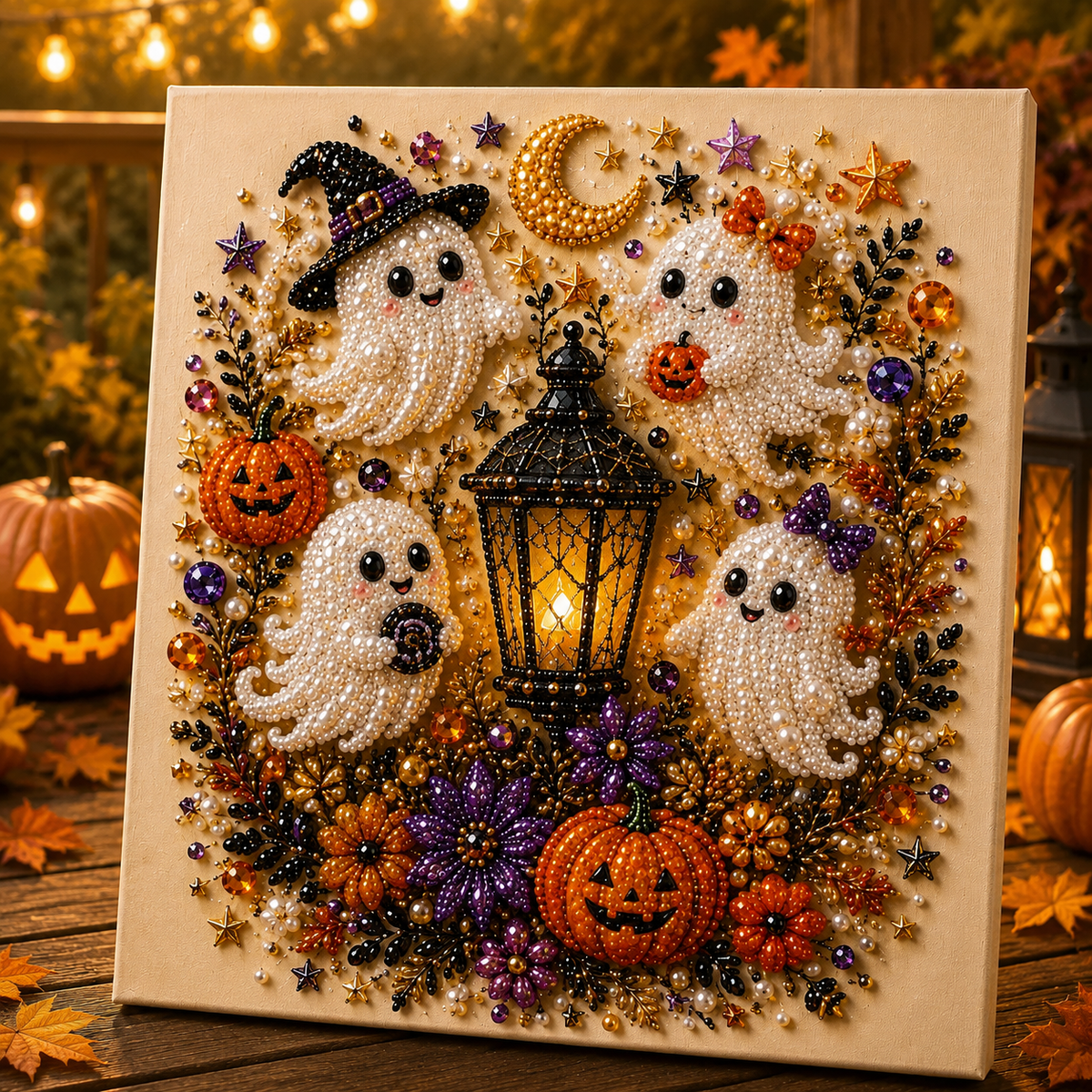 Finished Halloween pearl diamond painting wall art with cute ghosts, pumpkins, lantern, crescent moon and colorful bead details