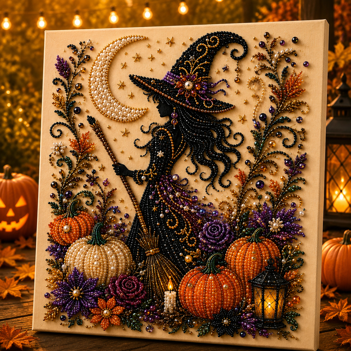Finished Halloween pearl diamond painting wall art featuring a witch with broom, crescent moon, pumpkins, lantern and sparkling bead details