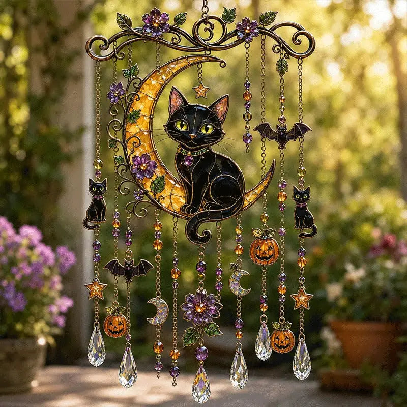 Halloween stained glass black cat on moon wind chime hanging garden decor
