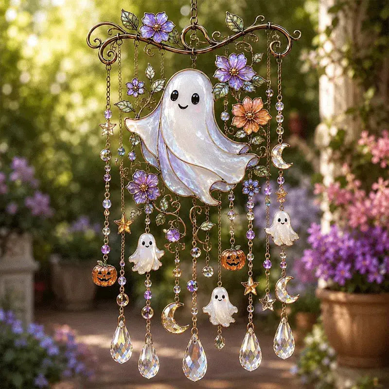 Halloween stained glass friendly ghost wind chime hanging garden decor