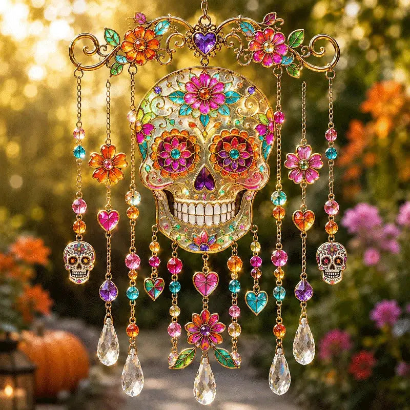 Halloween stained glass sugar skull wind chime hanging garden decor