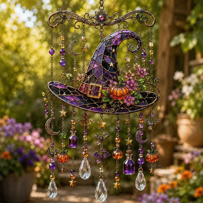 Halloween stained glass witch hat wind chime hanging garden decor