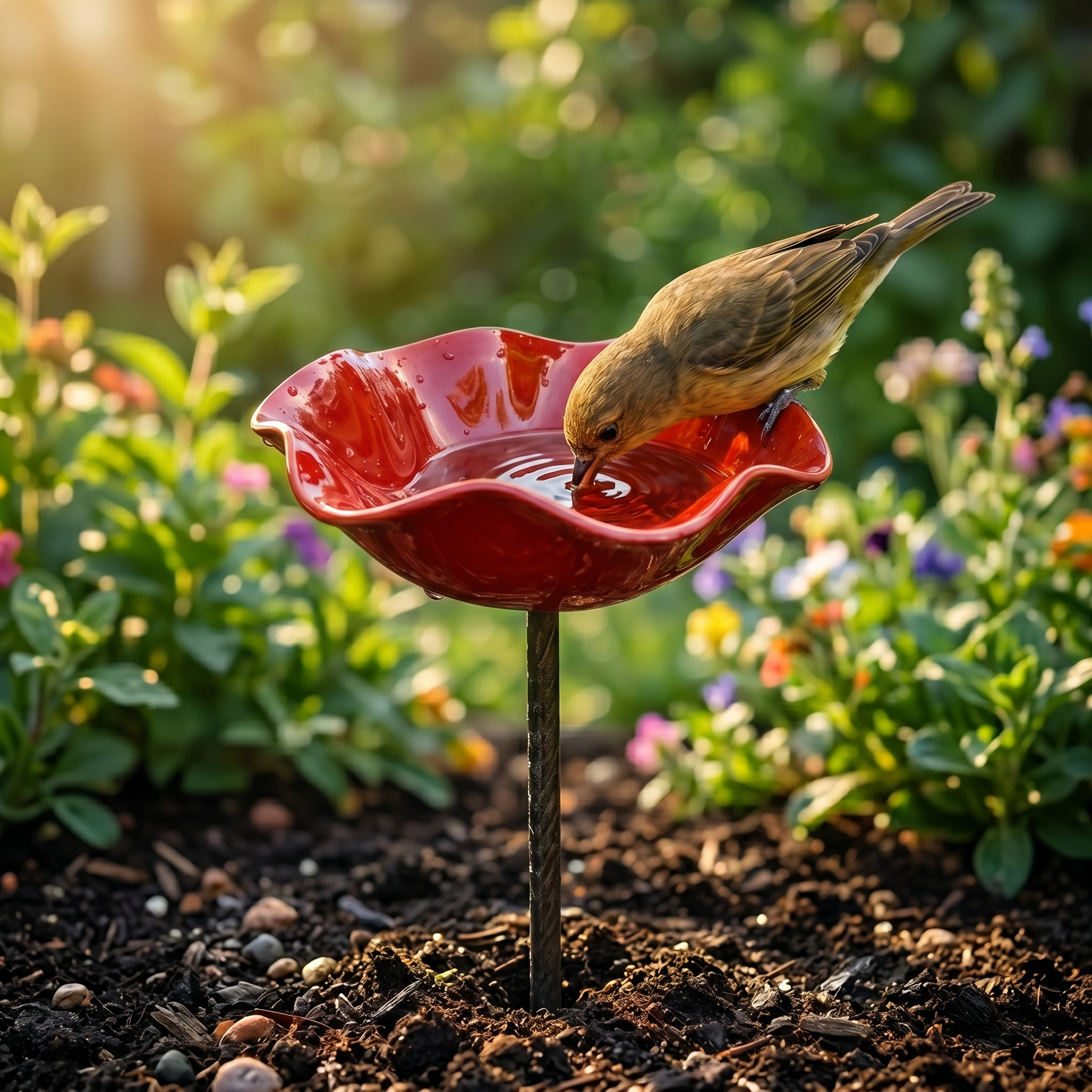 Handcrafted Flower Bird Bath Garden Stake for Outdoor Decor