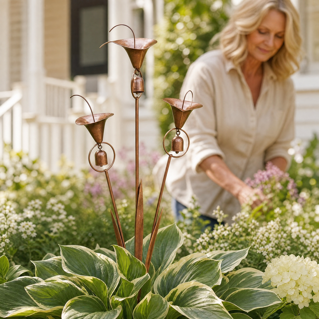 Copper Calla Lily Garden Stake with Bell Chimes, Outdoor Flower Decor