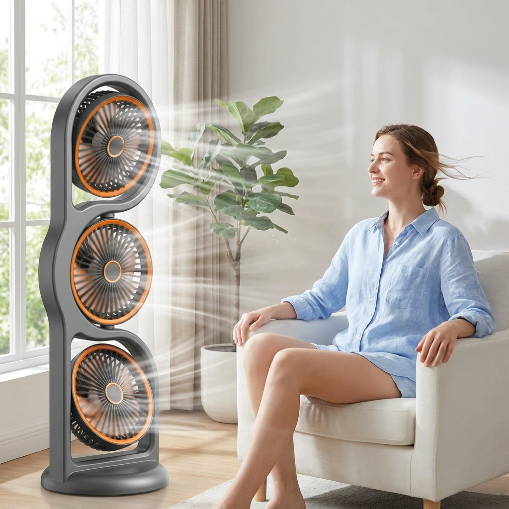 Portable Three Head Fan USB Rechargeable 5 Speed Cooling Fan