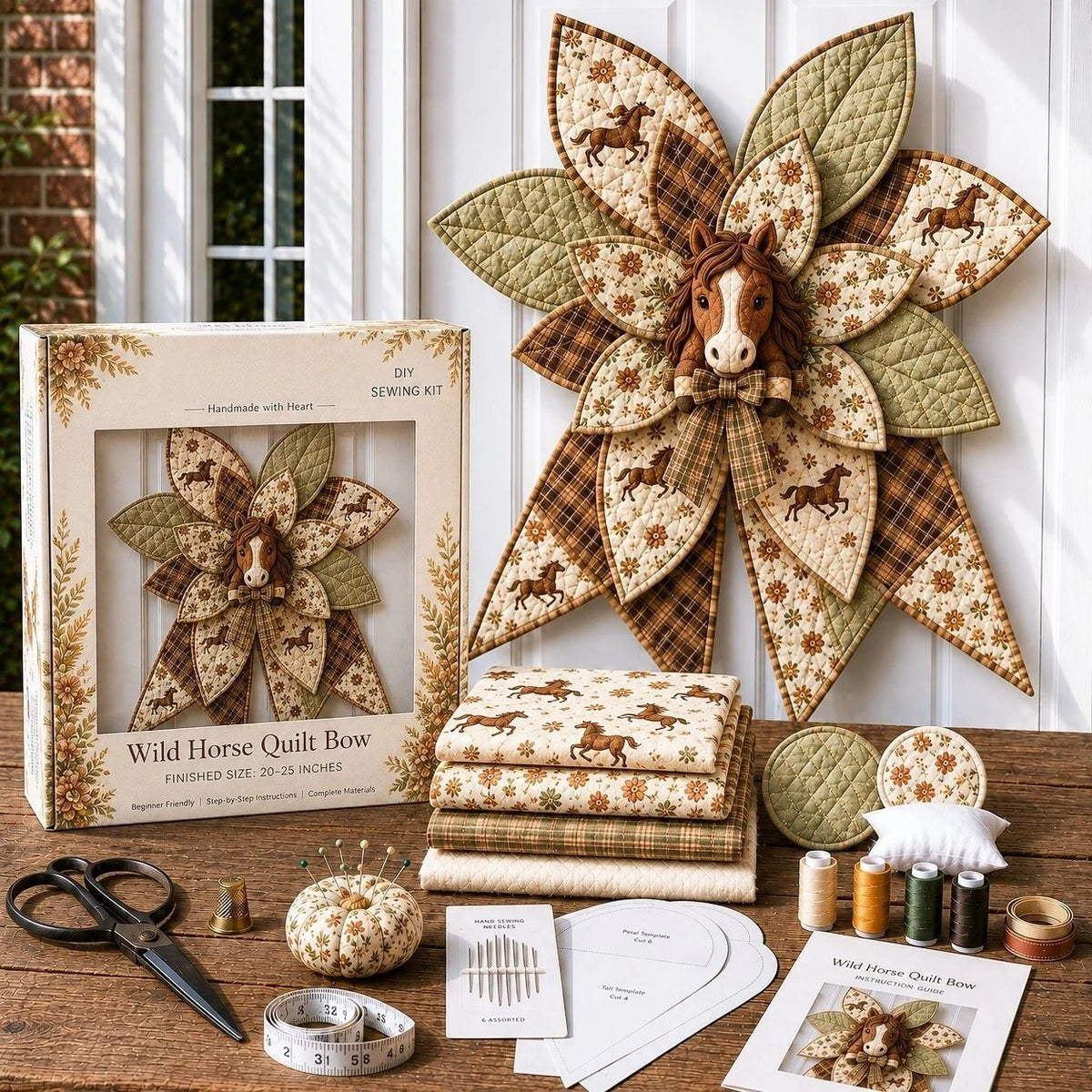 Horse quilted door bow displayed with warm neutral fabrics
