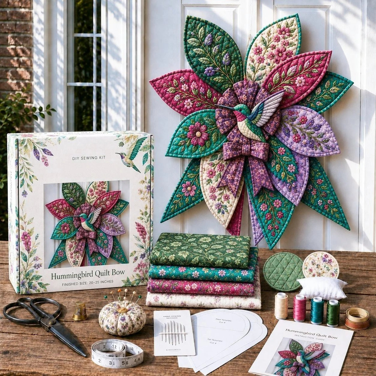 Hummingbird quilted door bow in bright floral fabrics