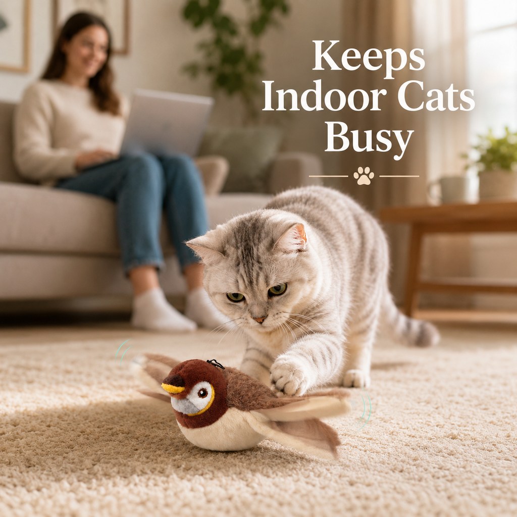 Indoor cat playing with the bird toy while its owner relaxes
