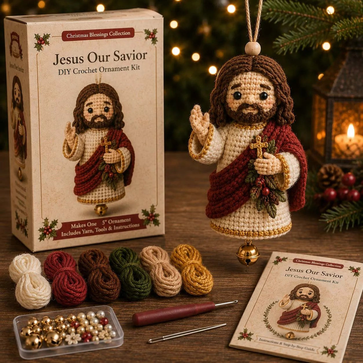Jesus character ornament shown with its DIY kit materials