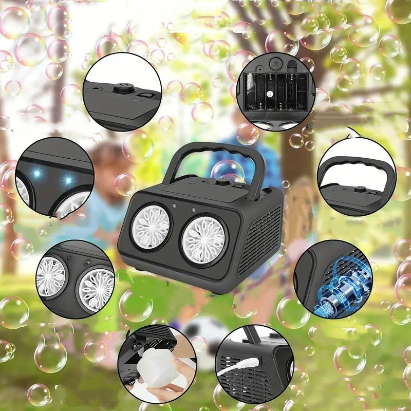 LED multi-hole bubble machine with handle, lights and feature details