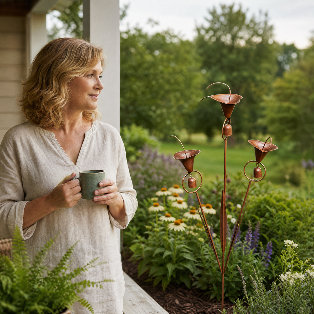 Copper Calla Lily Garden Stake with Bell Chimes, Outdoor Flower Decor