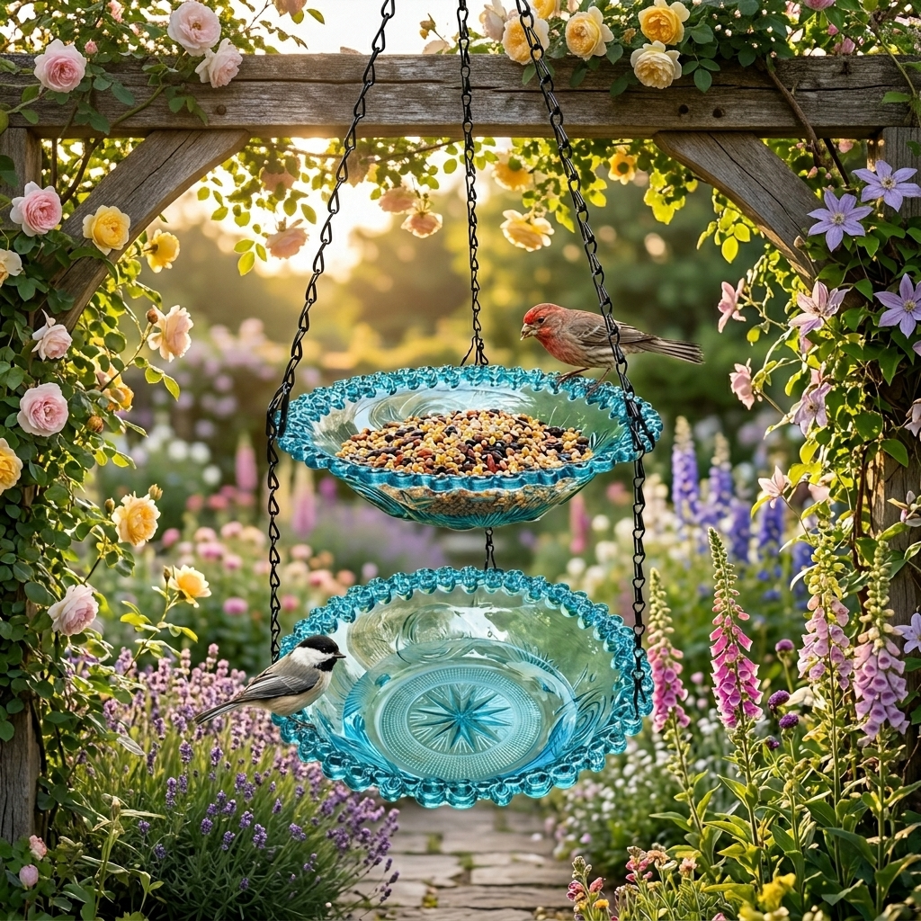 Vintage Dual-Tier Hanging Bird Feeder and Bird Bath for Outdoor Garden