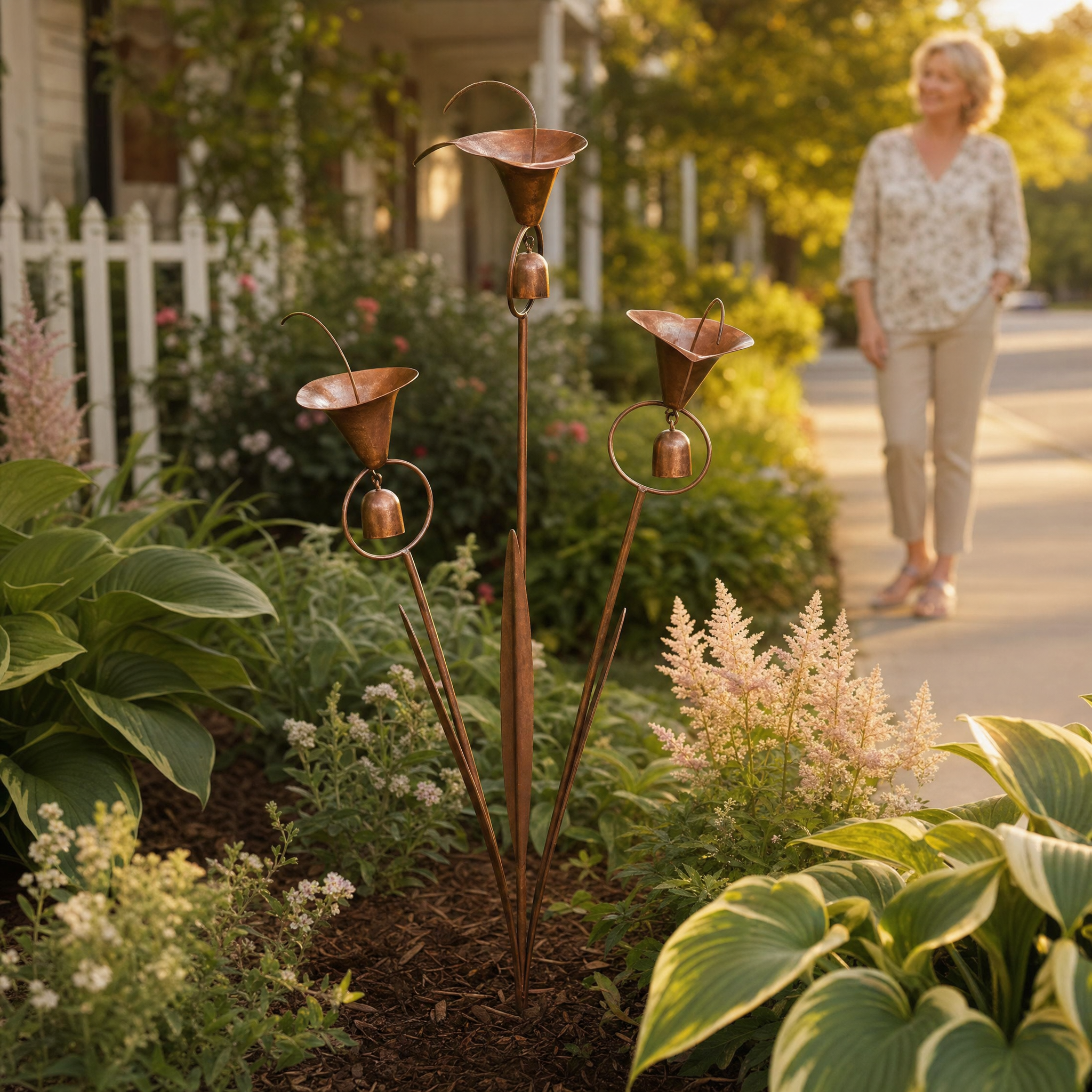 Copper Calla Lily Garden Stake with Bell Chimes, Outdoor Flower Decor