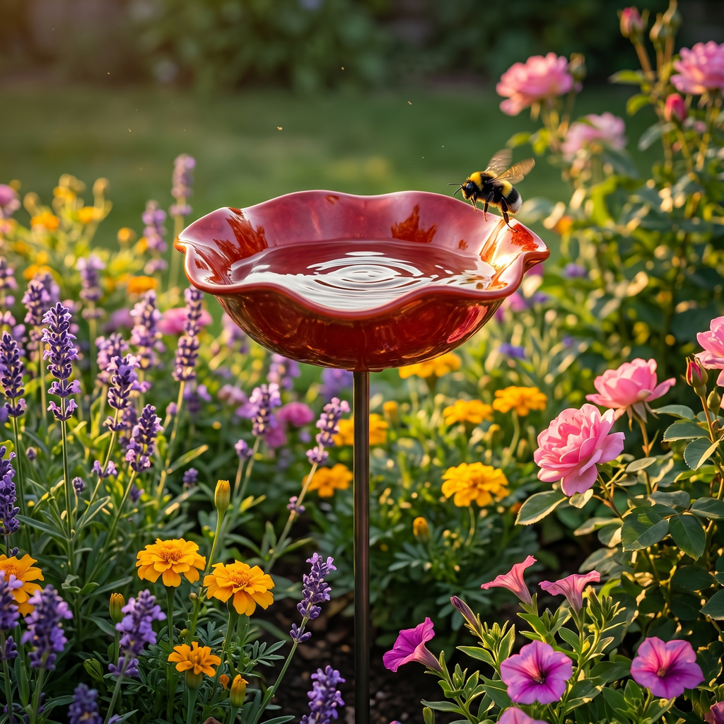 Handcrafted Flower Bird Bath Garden Stake for Outdoor Decor