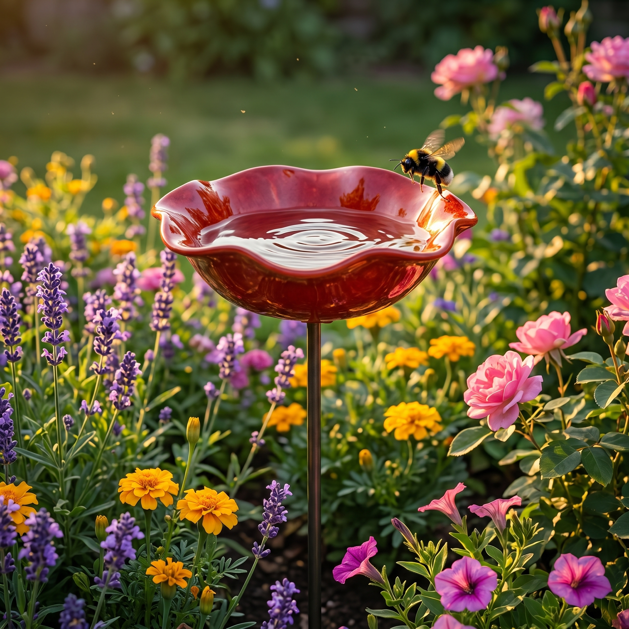 Handcrafted Flower Bird Bath Garden Stake for Outdoor Decor
