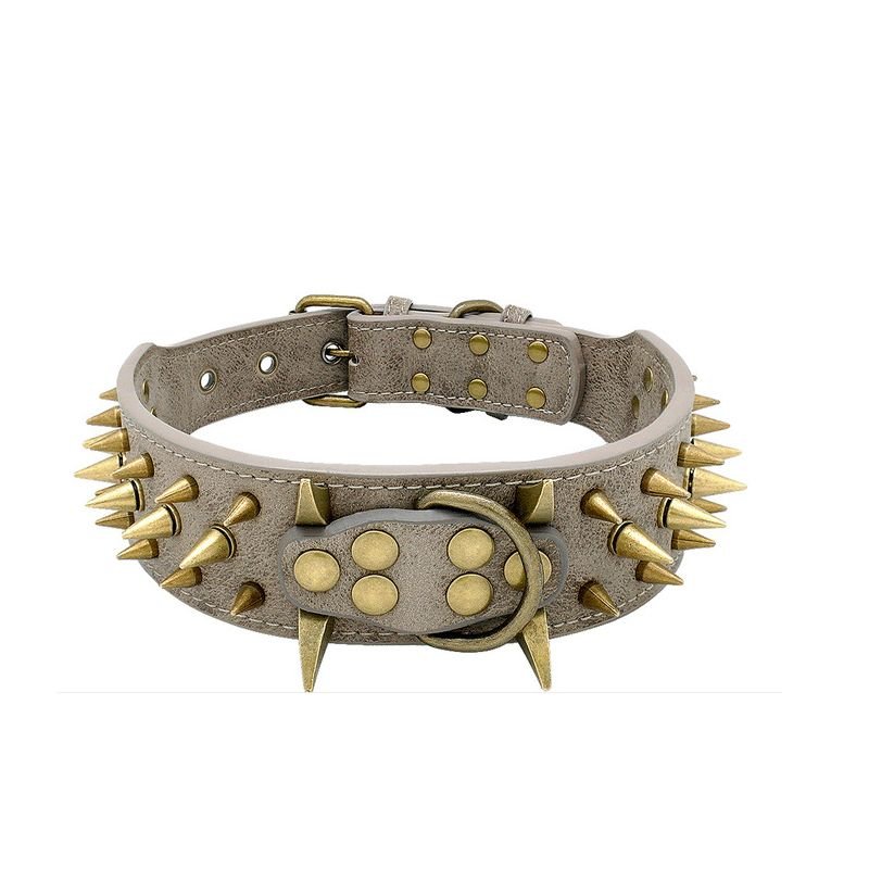 Light brown leather dog collar with gold spikes