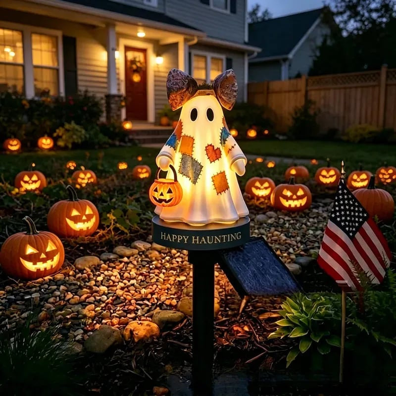 Lighted patchwork ghost solar garden stake for Halloween yard decor