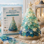 Lighted sea glass Christmas tree displayed with its DIY kit box
