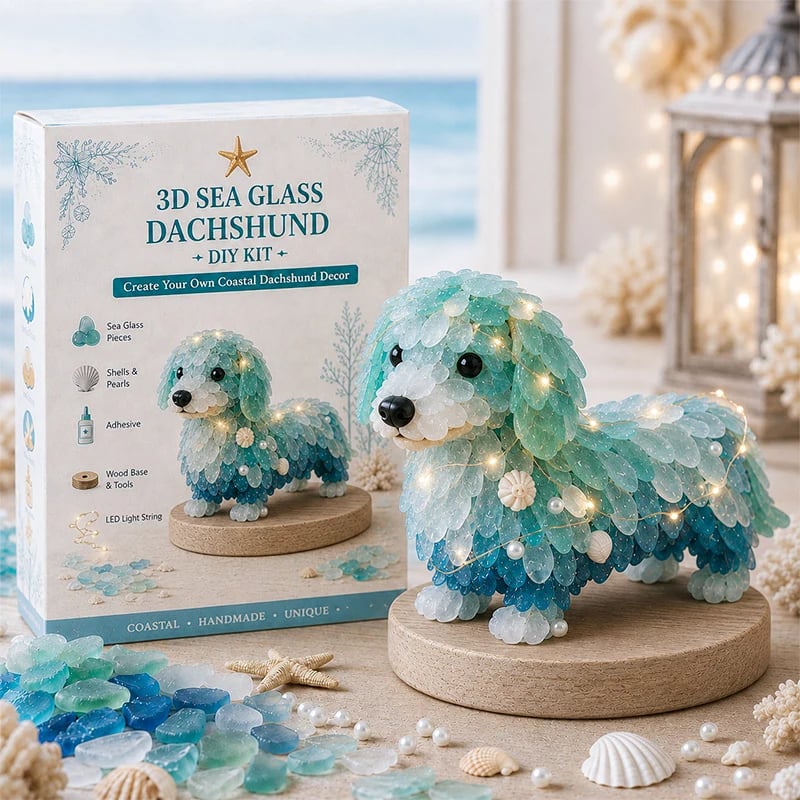 Lighted sea glass dachshund displayed with its craft kit box