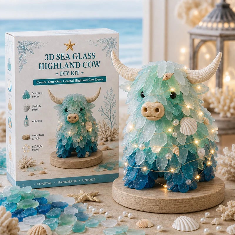 Lighted sea glass Highland cow displayed with its craft kit box