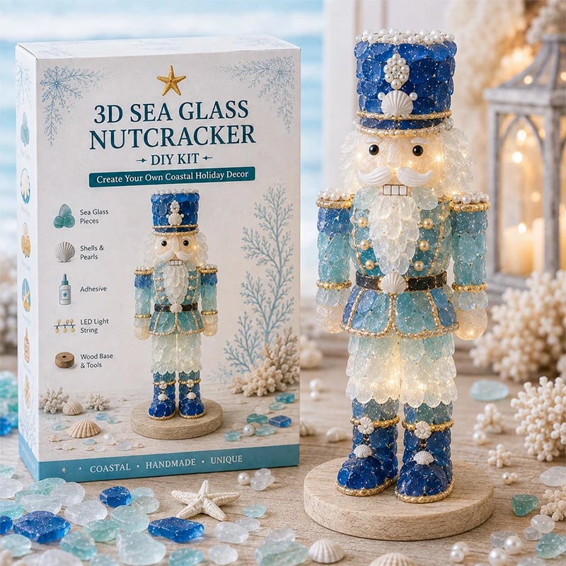 Blue and white sea glass nutcracker with warm lights