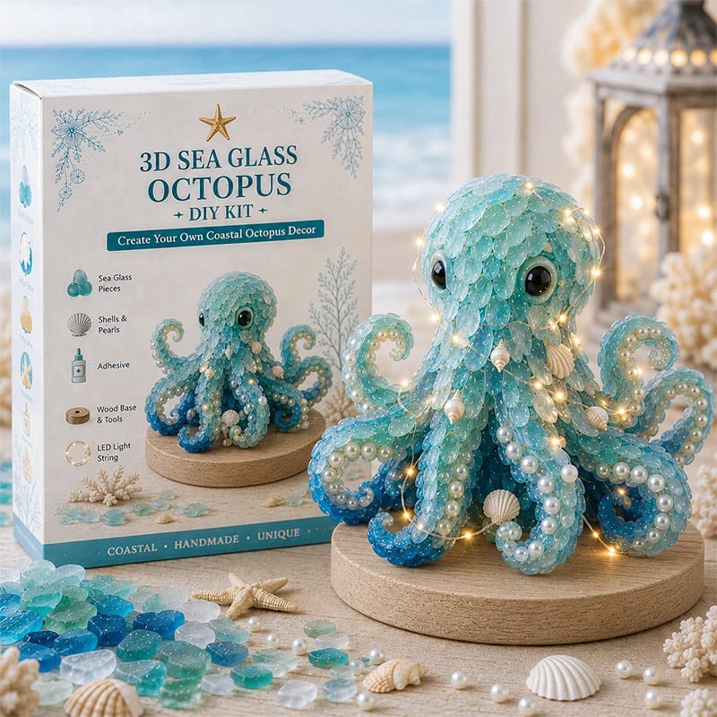Blue sea glass octopus decorated with shells and warm lights