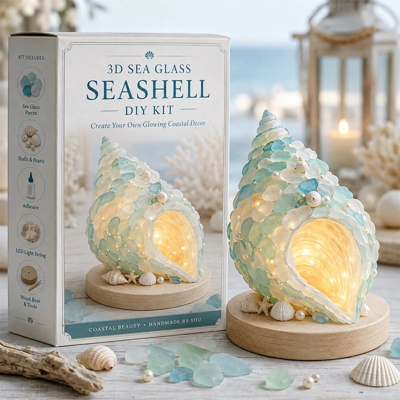 Glowing sea glass seashell displayed on a wooden base
