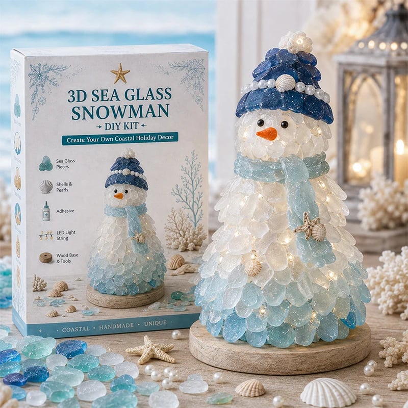 Lighted sea glass snowman displayed with its craft kit box