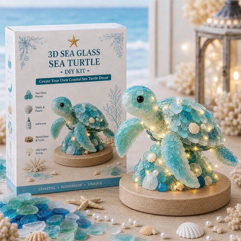 Lighted sea glass turtle displayed with its craft kit box