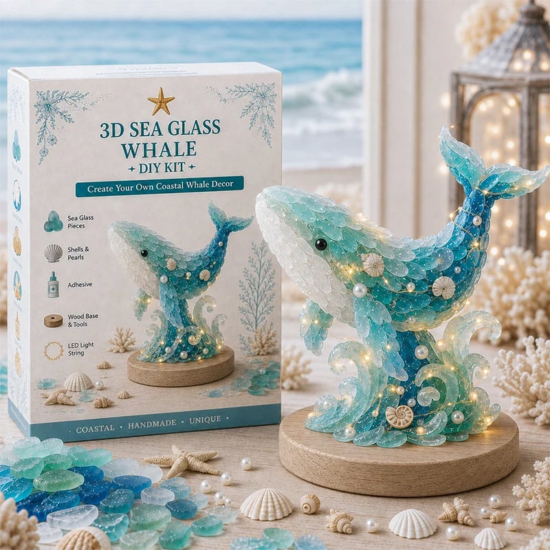 Lighted sea glass whale displayed on a round wooden base