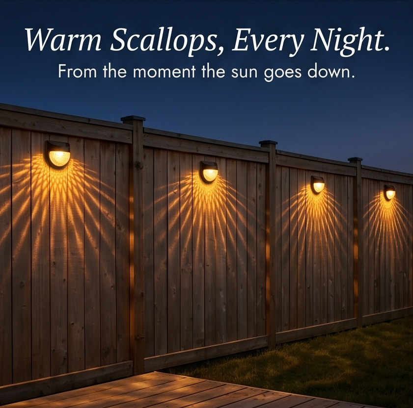 Decorative Solar Fence Lights with Warm Scallop Glow, 6 Pack