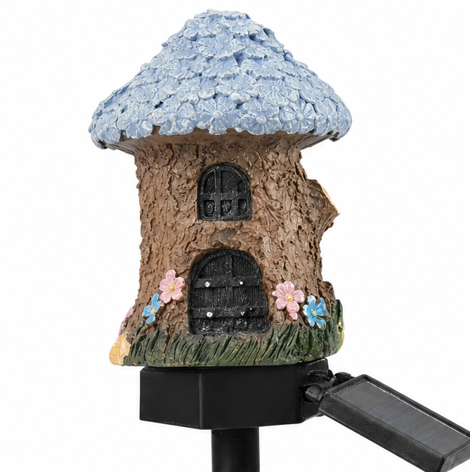 Solar Fairy Cottage Garden Stake Light with Warm LED & Hand-Sculpted Resin