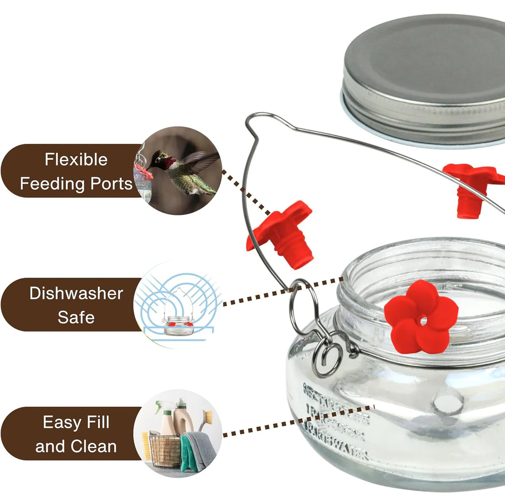 Mason jar hummingbird feeder with flexible feeding ports and easy-clean removable parts