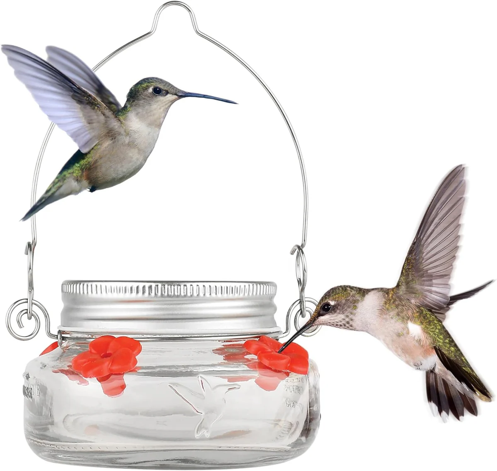 Mason jar hummingbird feeder with red flower ports and hanging wire