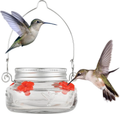 Mason jar hummingbird feeder with red flower ports and hanging wire