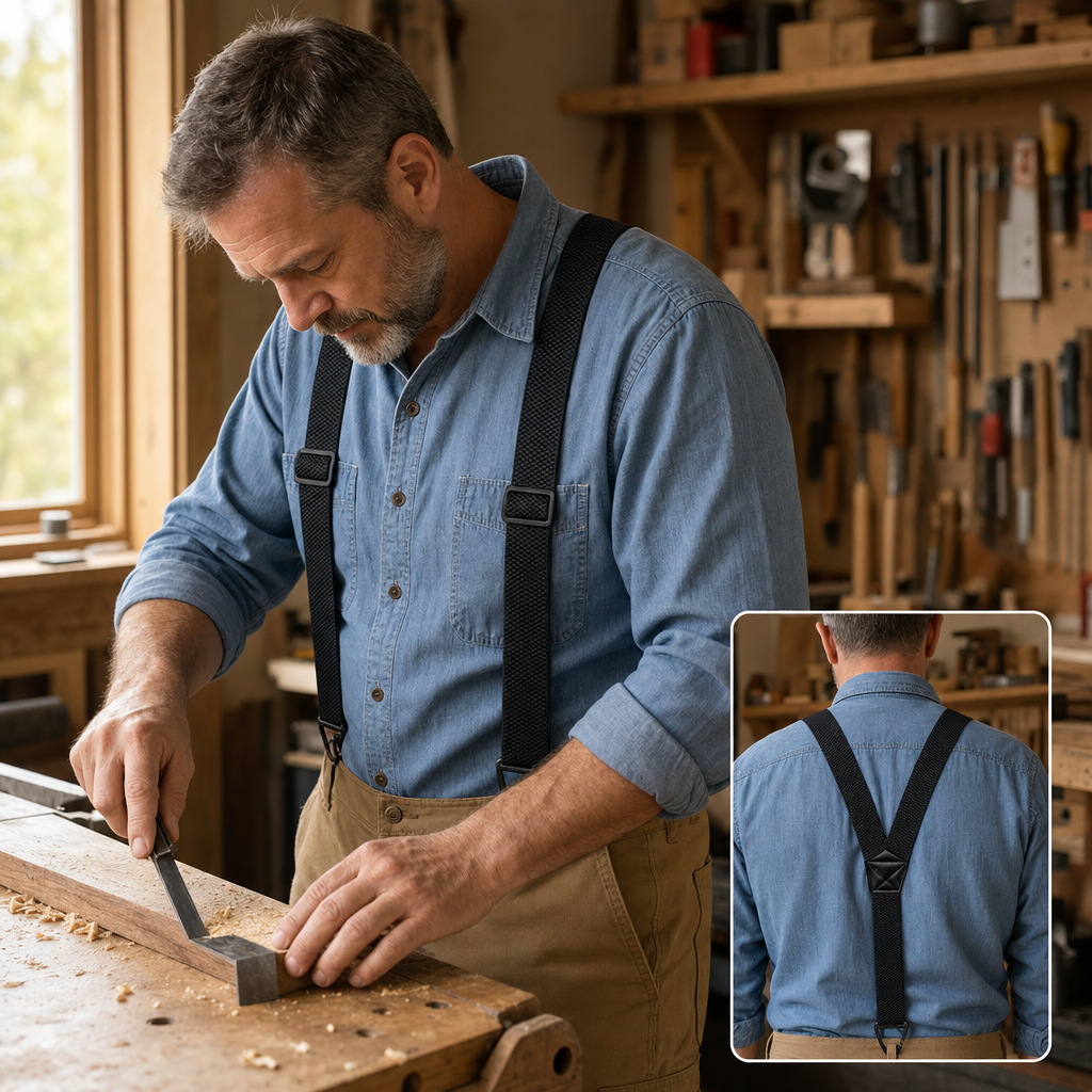Men wearing adjustable men's belt loop suspenders in a workshop