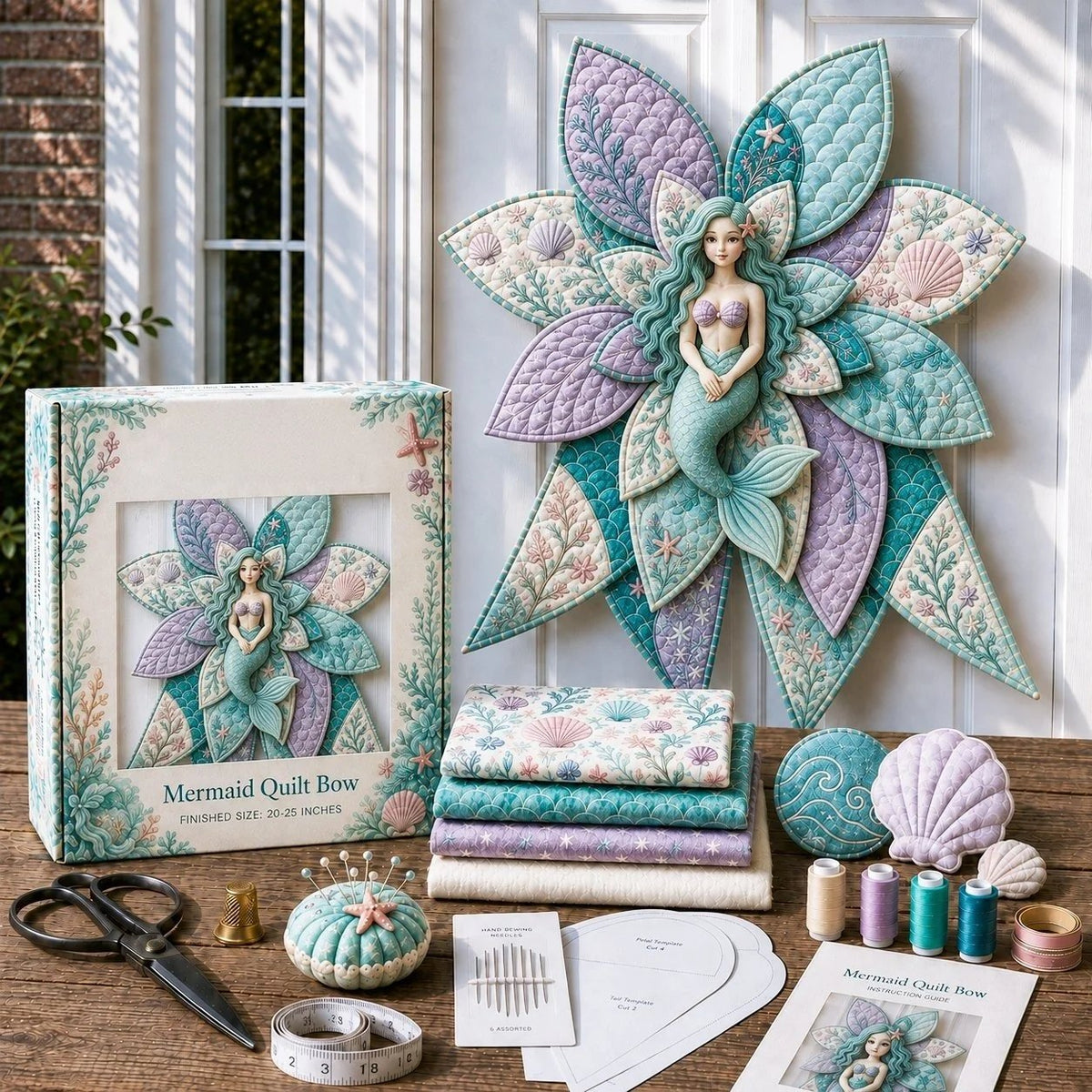 Pastel mermaid quilted door bow displayed with sewing materials