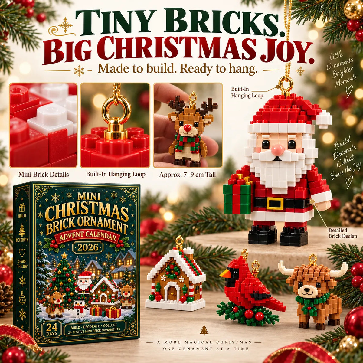 Close-up of Santa and other mini brick ornament details