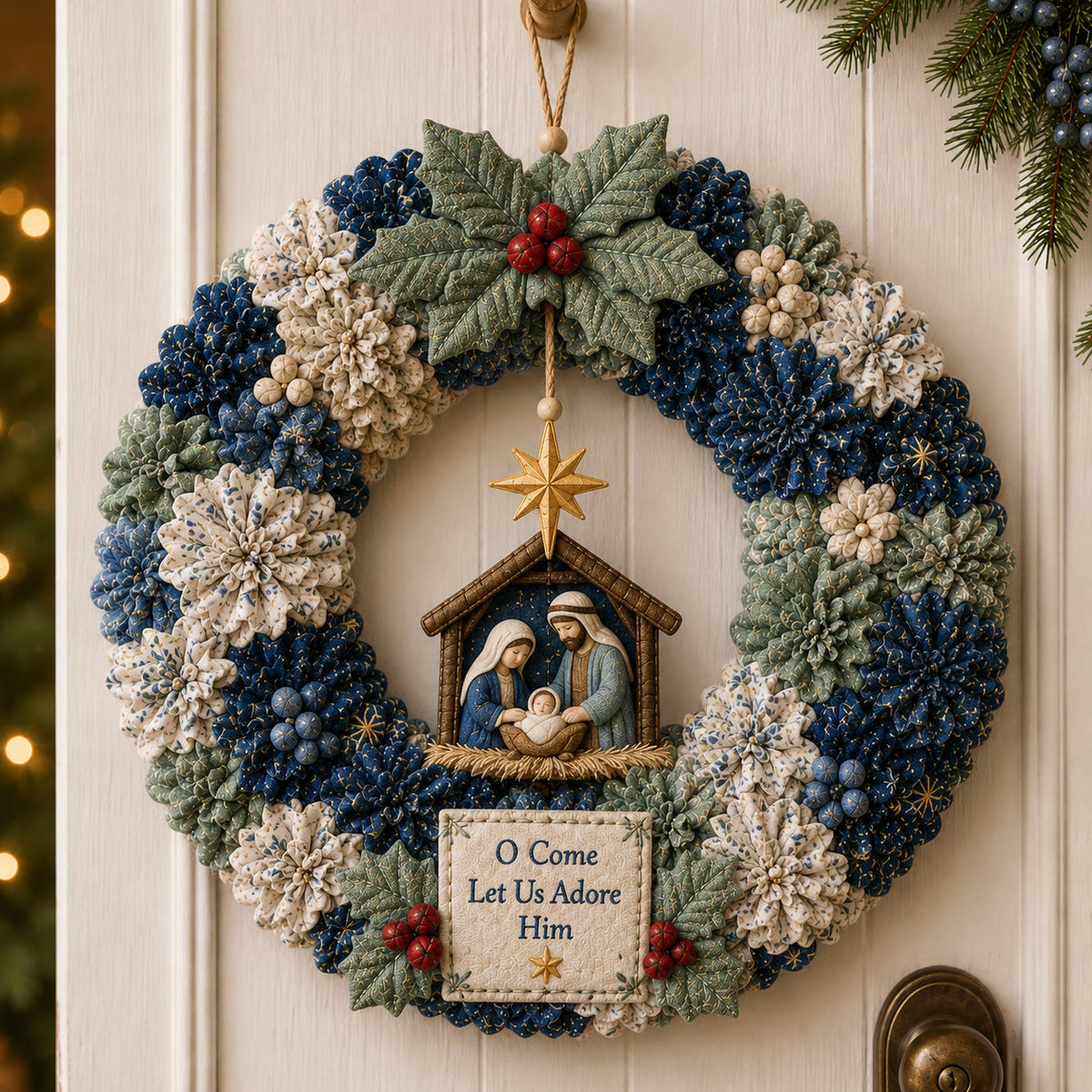 Blue and cream fabric wreath with a nativity centerpiece