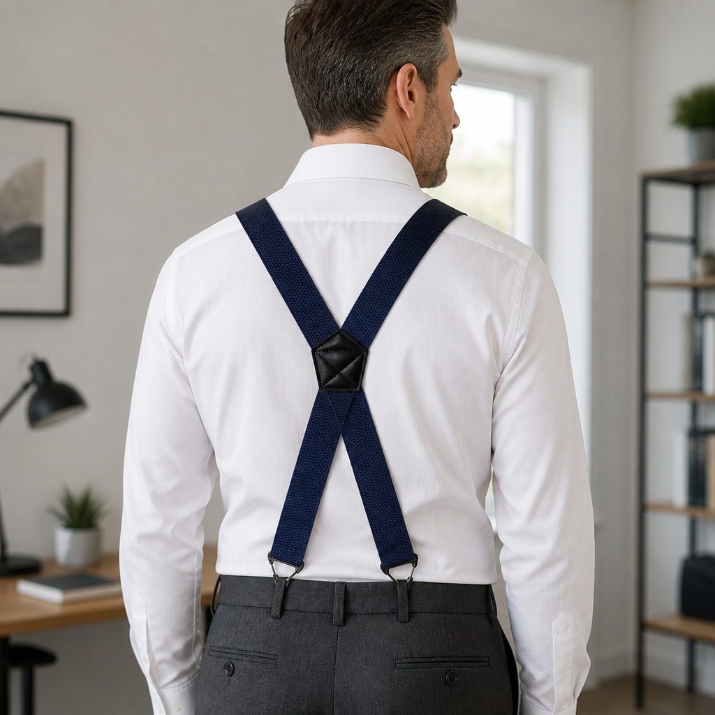 Man wearing navy X-back belt loop suspenders with a white shirt