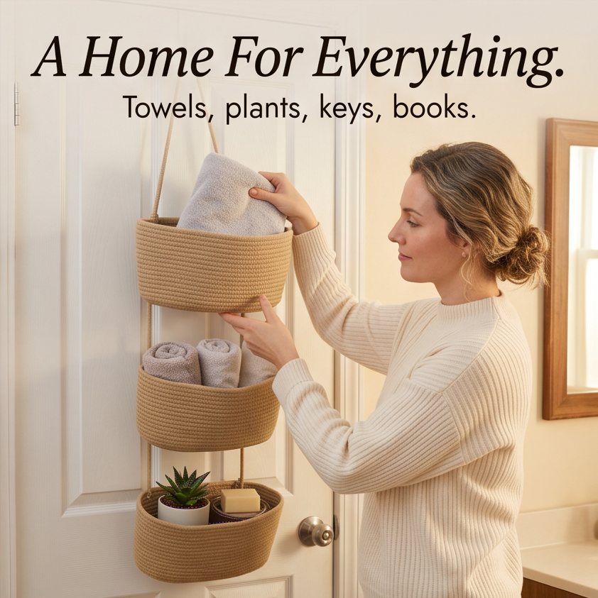 3-Tier Hanging Storage Basket for Door, No Drill Over Door Organizer