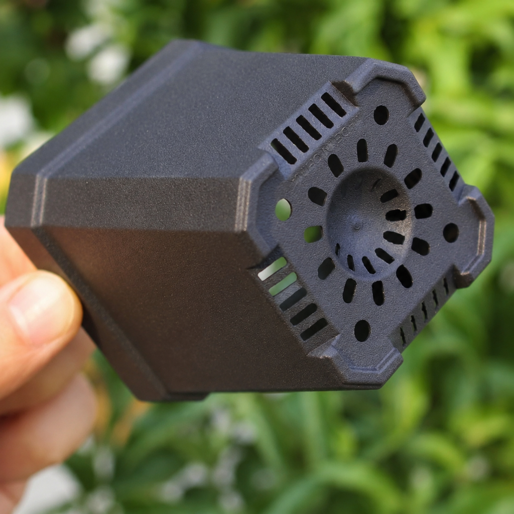 Bottom drainage holes on a square nursery pot for airflow and excess water drainage