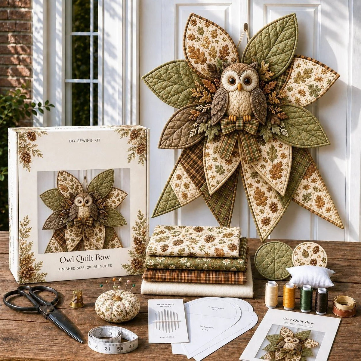 Owl quilted door bow displayed with coordinated sewing materials