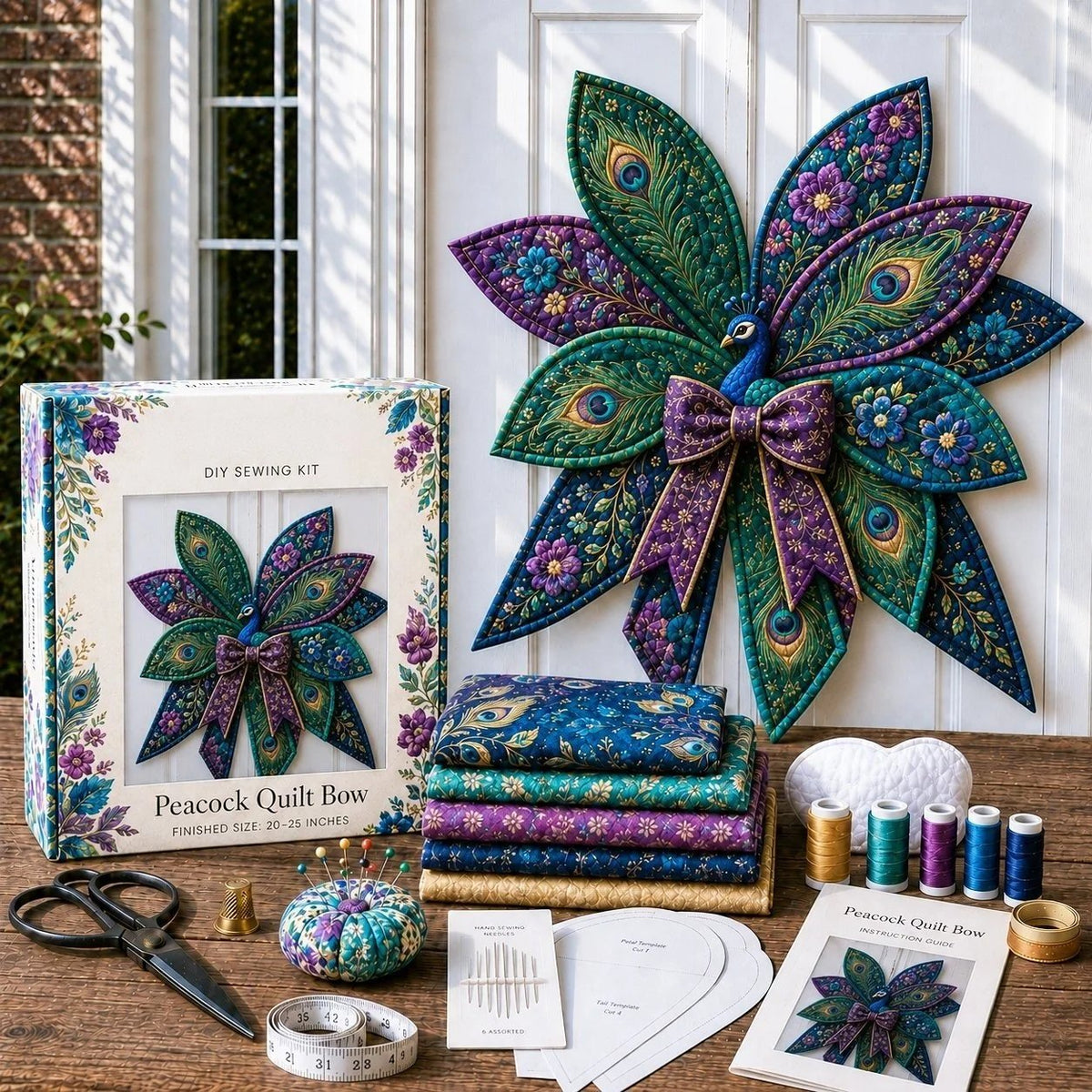 Peacock quilted door bow in blue green and purple fabrics